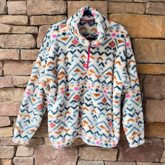 Eddie Bauer XXL Women Sherpa Fleece 1/4 Zip Aztec Geometric Pullover Sweatshirt - Picture 2 of 11